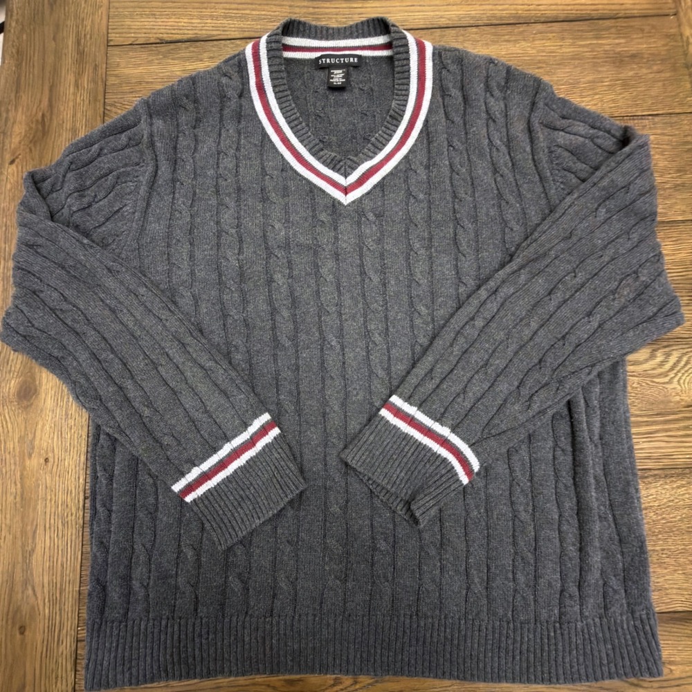 Structure Mens XL V-Neck Cable Knit Sweater Charcoal Grey Striped Trim Cotton